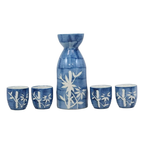 Set of 5 Japanese Porcelain Sake Bottle Cups Gift Set Green Bamboo Made in Japan